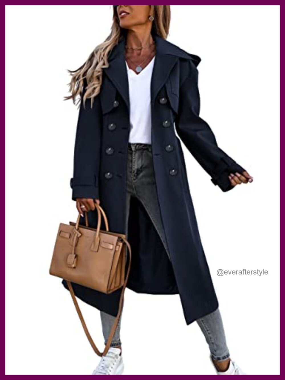 Fisoew Women's Long Trench Coat Double Breasted Windproof Classic Overcoat